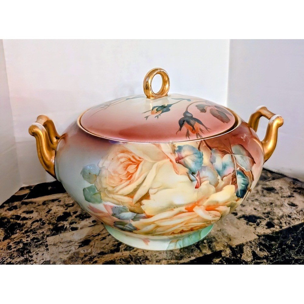 Antique Thomas Sevres Bavaria Hand Painted & Signed Cache Porcelain Covered Dish